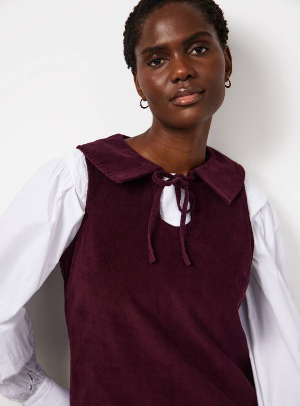 Buy Burgundy Tie-Collar Corduroy Pinafore Dress 12 | Mini | Tu