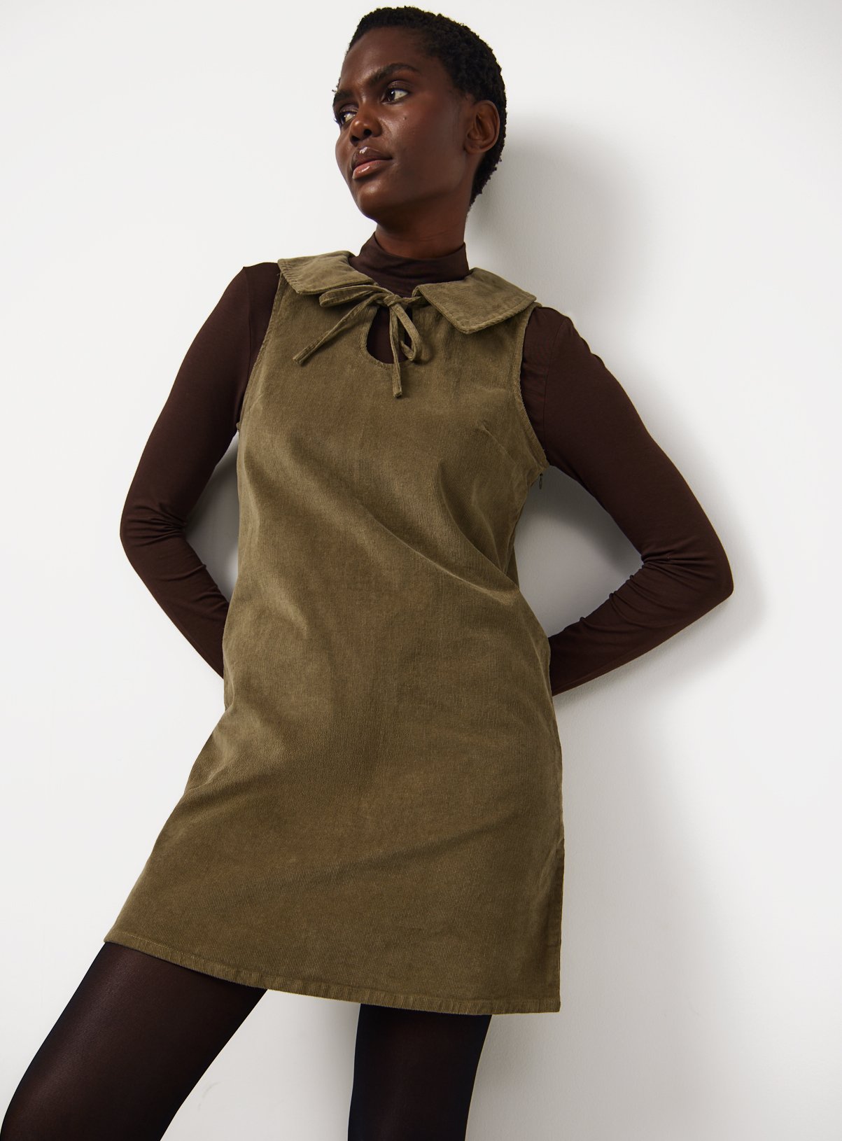 Khaki Tie-Collar Corduroy Pinafore Dress 16 - Image 3 thumbnail