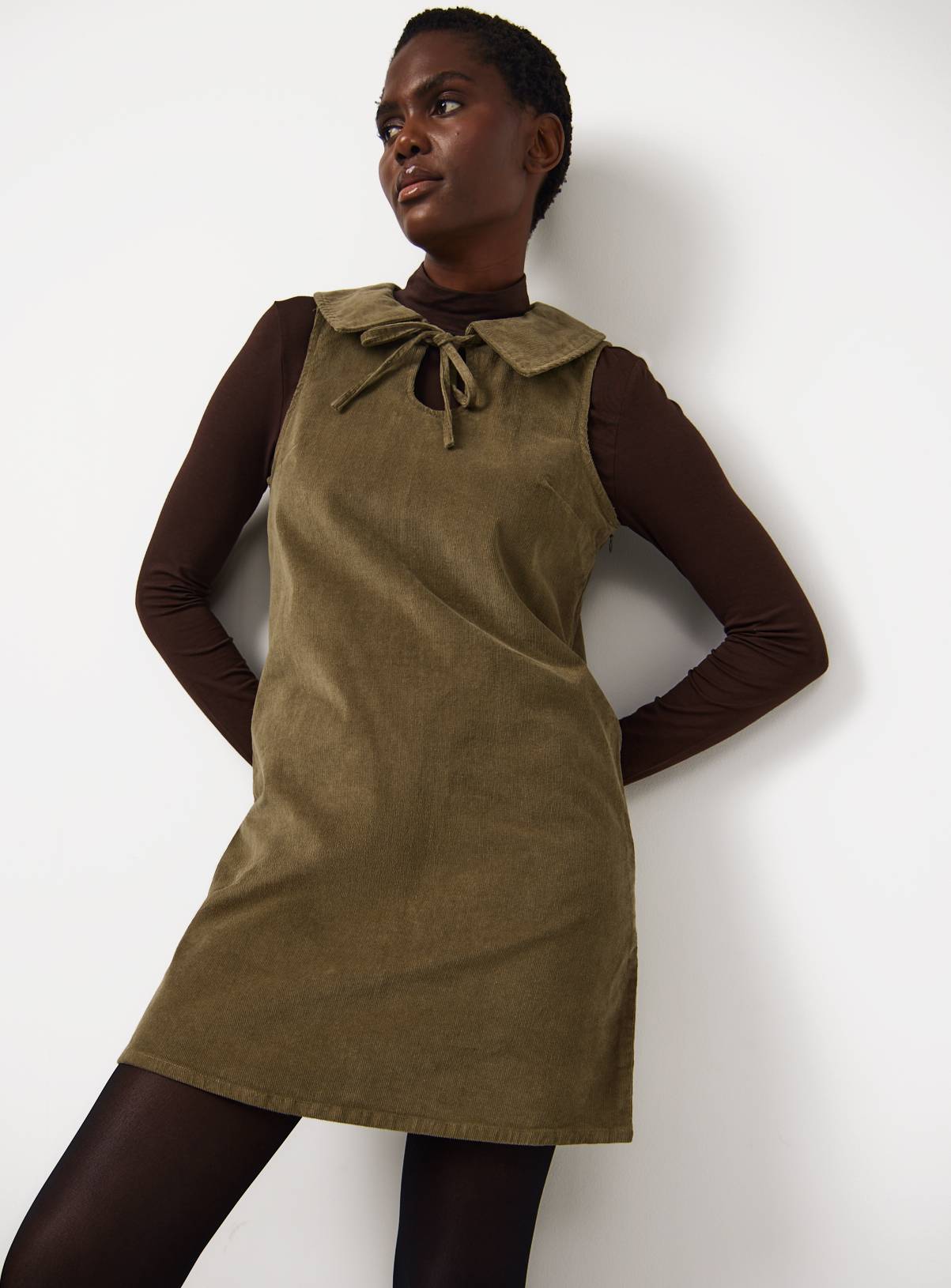 Khaki Tie-Collar Corduroy Pinafore Dress 16 - Image 3