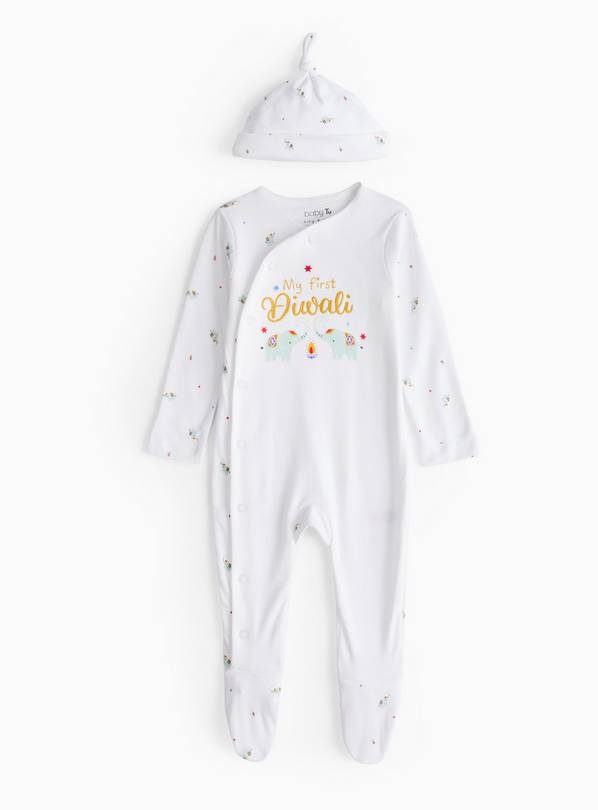 White My First Diwali Sleepsuit & Hat Newborn