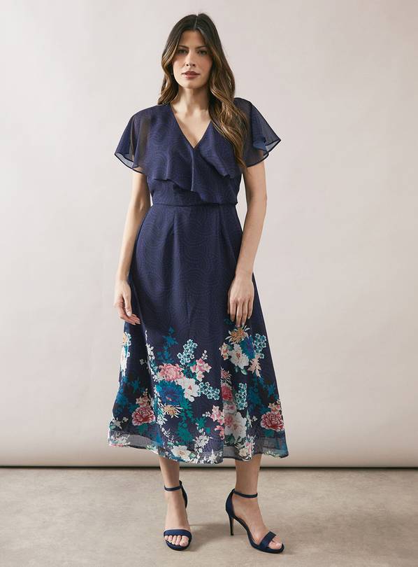 WALLIS Floral Border Cape Sleeve Wrap Dress 18