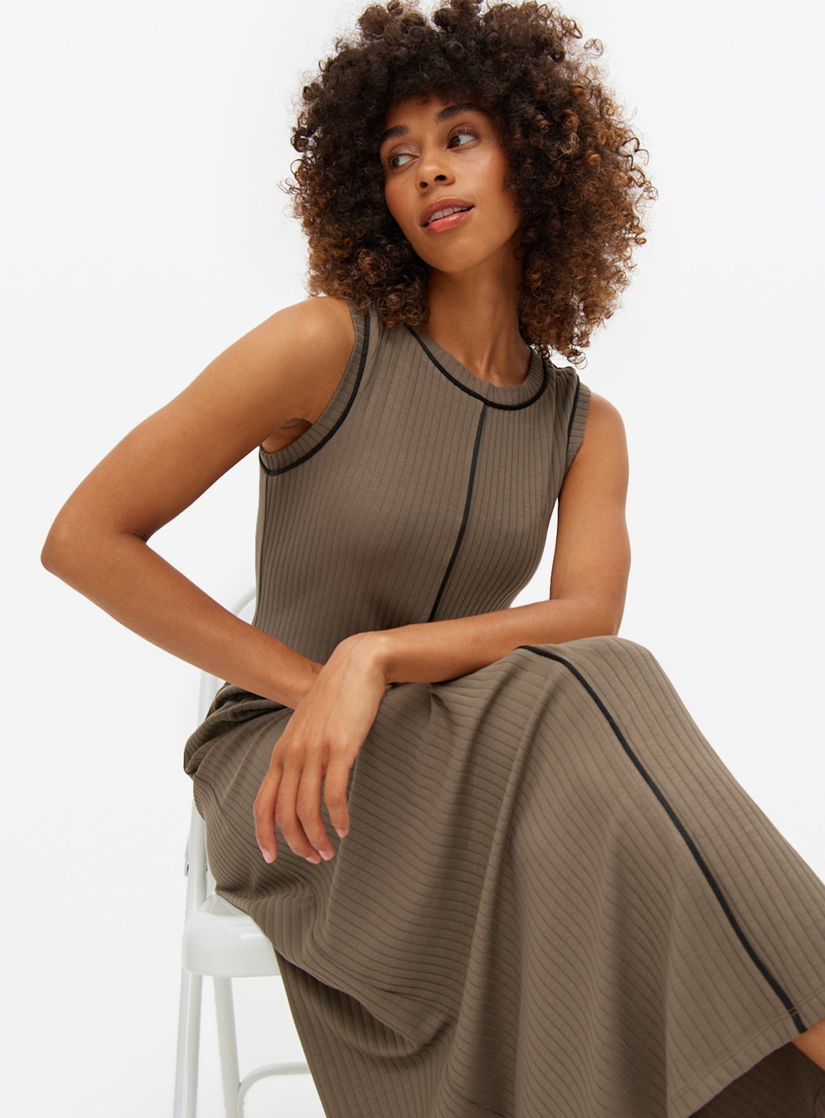 Brown Contrast Sleeveless Midaxi Jersey Dress 6