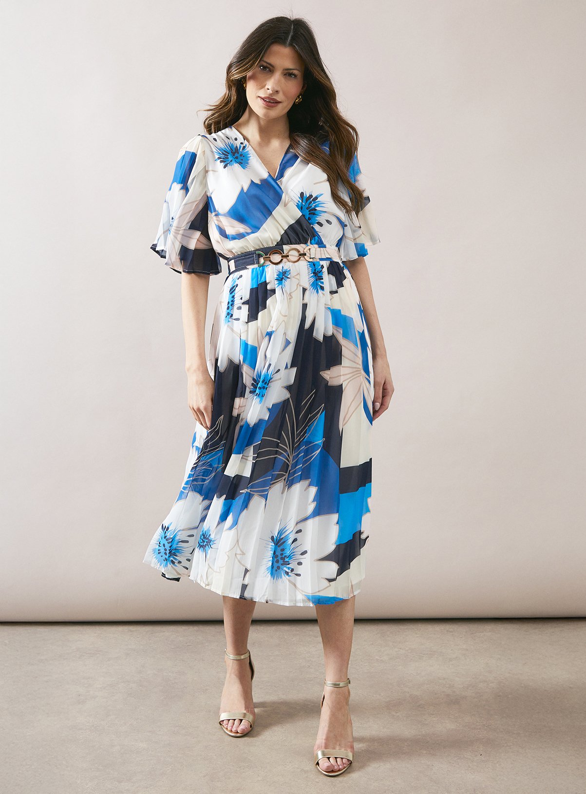 Blue WALLIS Floral Pleated Midi Dress