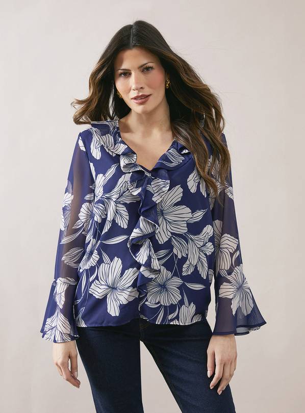 WALLIS Navy Floral Ruffle Detail Blouse 20