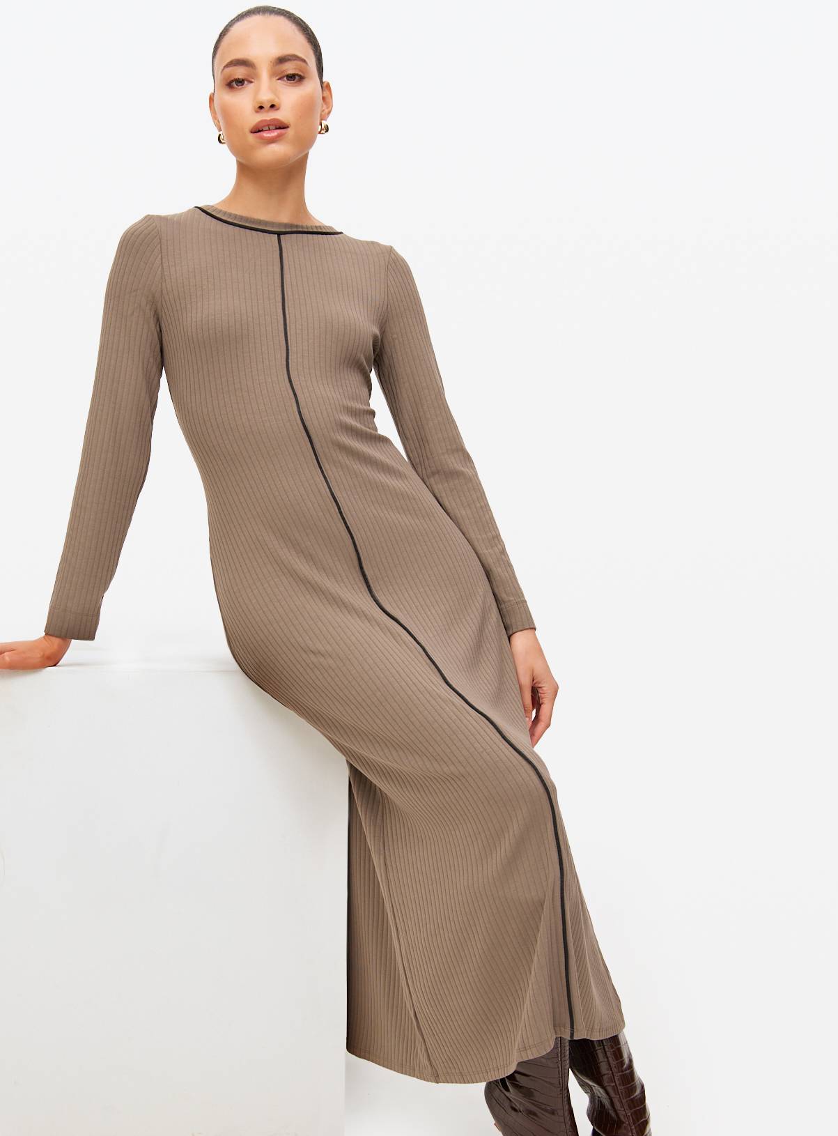 Brown Contrast Stitch Column Midaxi Dress 10 - Image 1