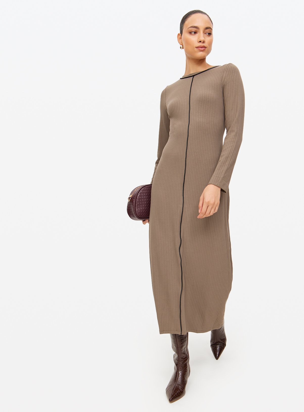 Brown Contrast Stitch Column Midaxi Dress 10 - Image 3 thumbnail