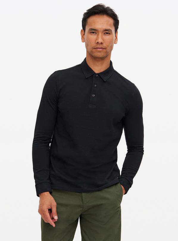 Black Long Sleeve Pique Polo Shirt L