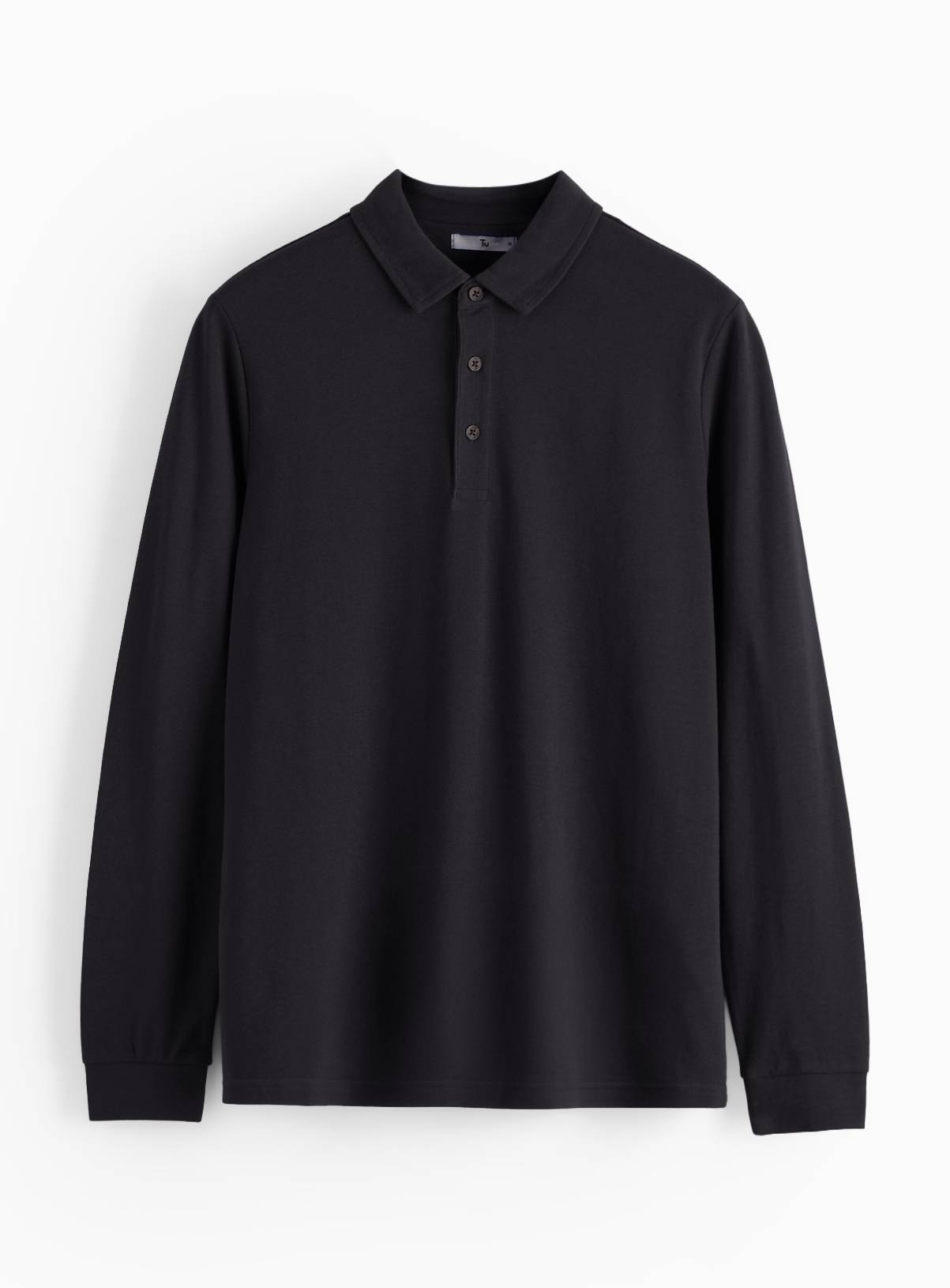 Black Long Sleeve Pique Polo Shirt XL - Image 3