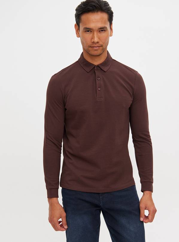 Brown Long Sleeve Pique Polo Shirt XXL