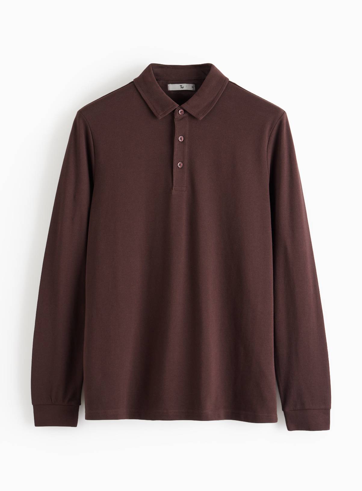 Brown Long Sleeve Pique Polo Shirt XL - Image 3