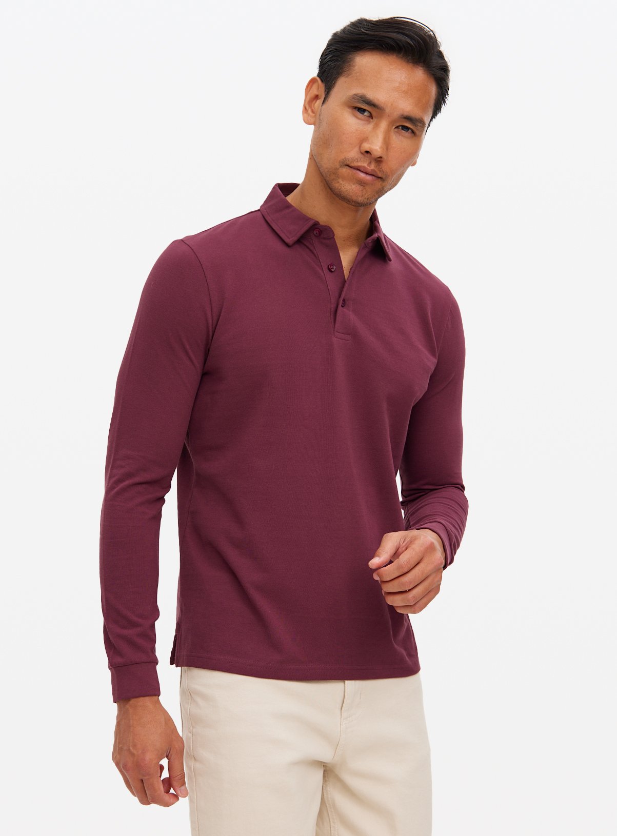 Dark Red Long Sleeve Pique Polo Shirt S