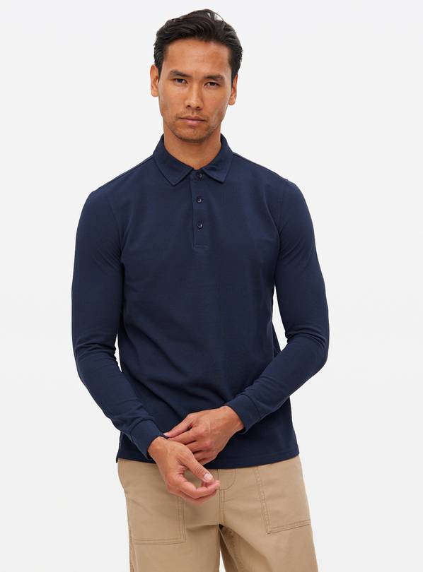  Navy Long Sleeve Pique Polo Shirt XXL