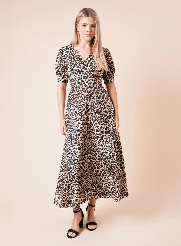 DOROTHY PERKINS Leopard Dropped waist poplin short sleeve midi dress 14