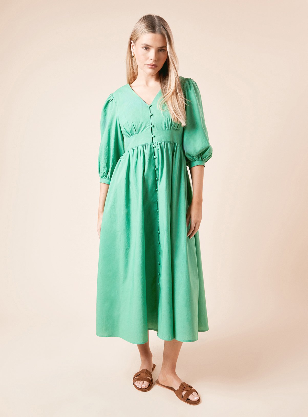Green DOROTHY PERKINS Button Front 3/4 Sleeve Poplin Shirt Dress