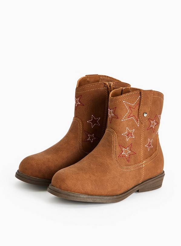 Tan Faux Leather Star Embroidered Western Boots 4