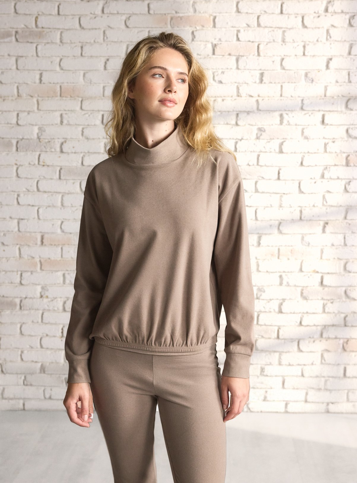 Taupe REAKTIV Luxe Lounge High Neck Soft Touch Top