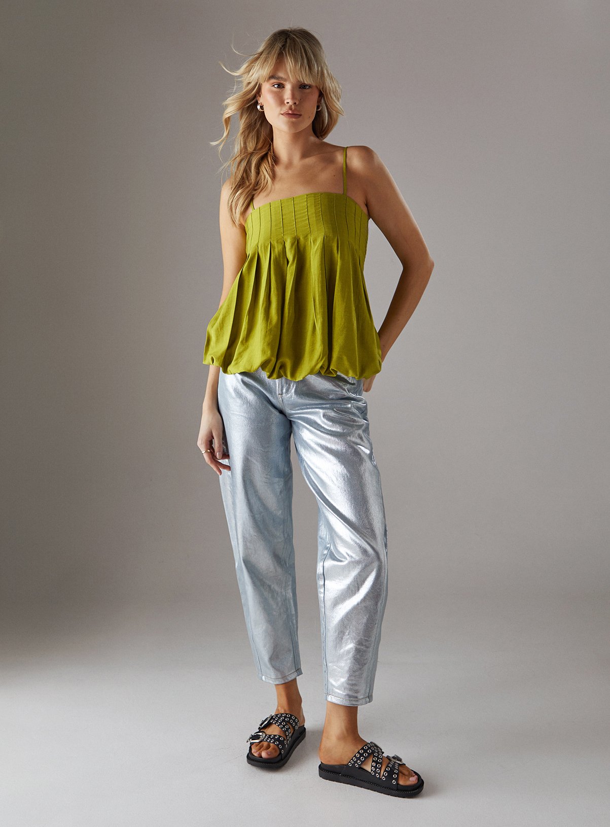 Lime WAREHOUSE Cotton Seam Detail Strappy Cami Top