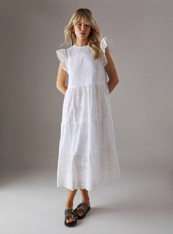 WAREHOUSE Broderie Mix Tiered Midi Dress 10