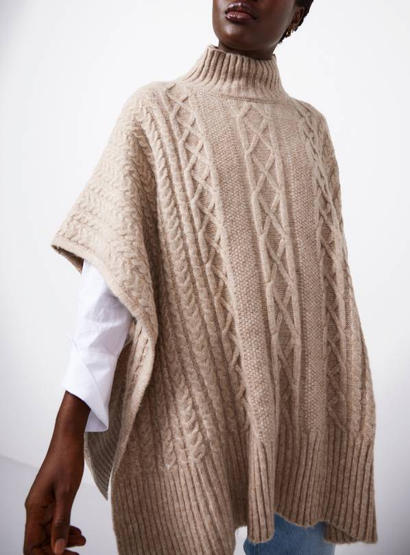 Buy Neutral High Neck Cable Knitted Poncho One Size | Scarves | Argos