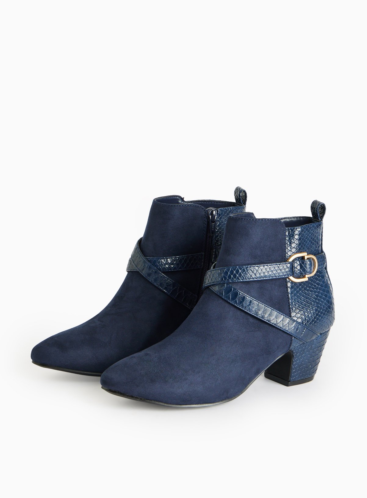 Navy Faux Suede Buckle Strap Detail Heeled Ankle Boots