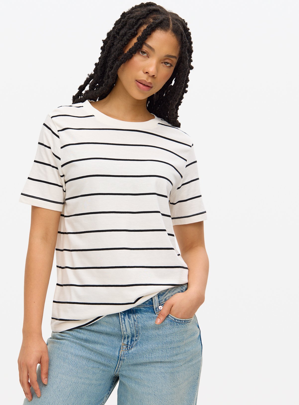 Cream Striped Regular Fit T-Shirt
