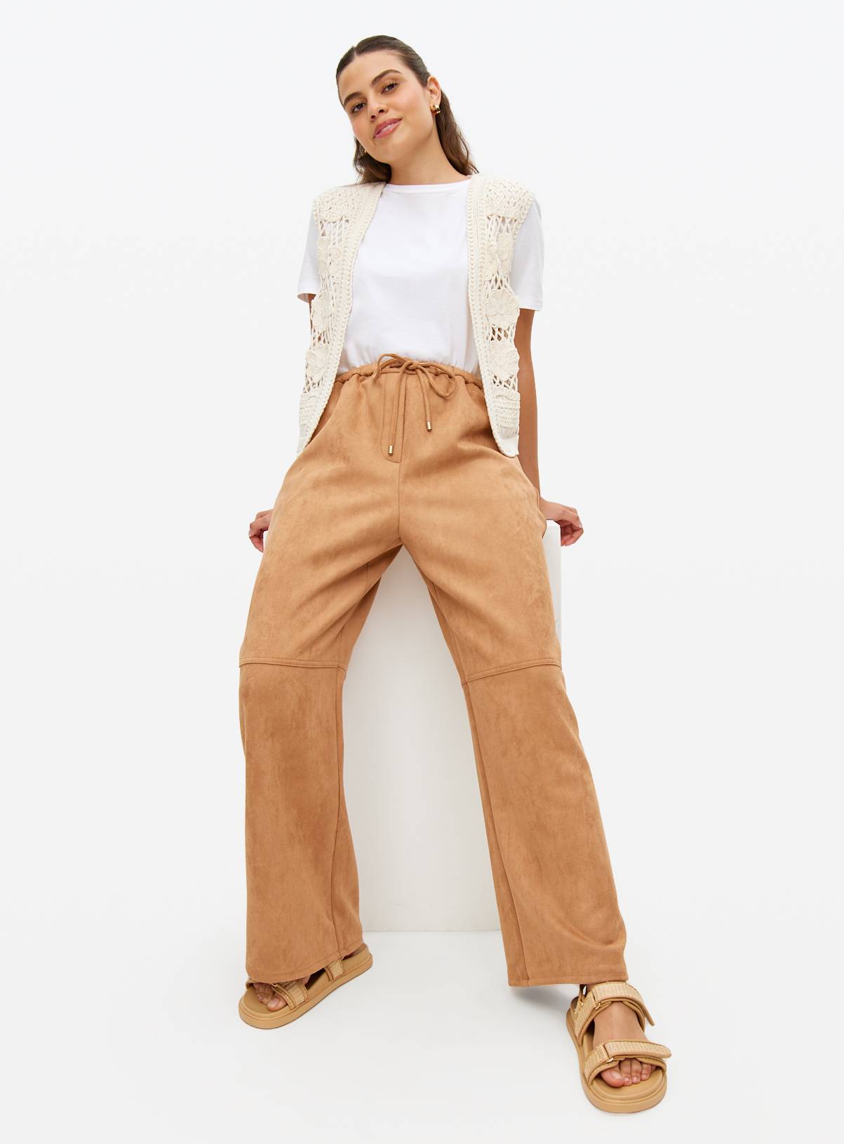 Tan Faux Suede Wide Leg Trousers  20 - Image 1