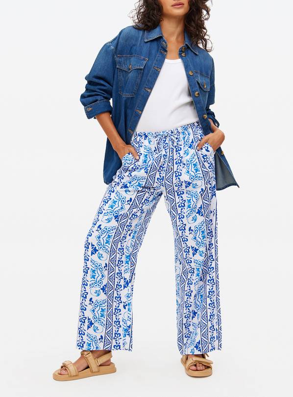 Blue Printed Linen Blend Wide Leg Trousers  8