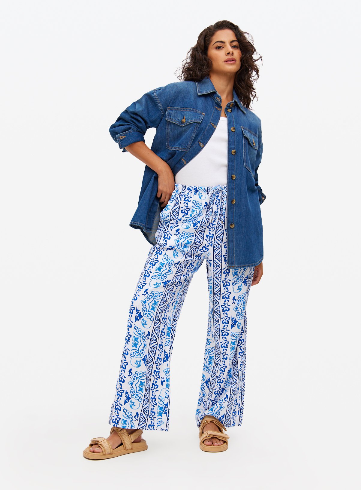 Blue Printed Linen Blend Wide Leg Trousers  16 - Image 2 thumbnail