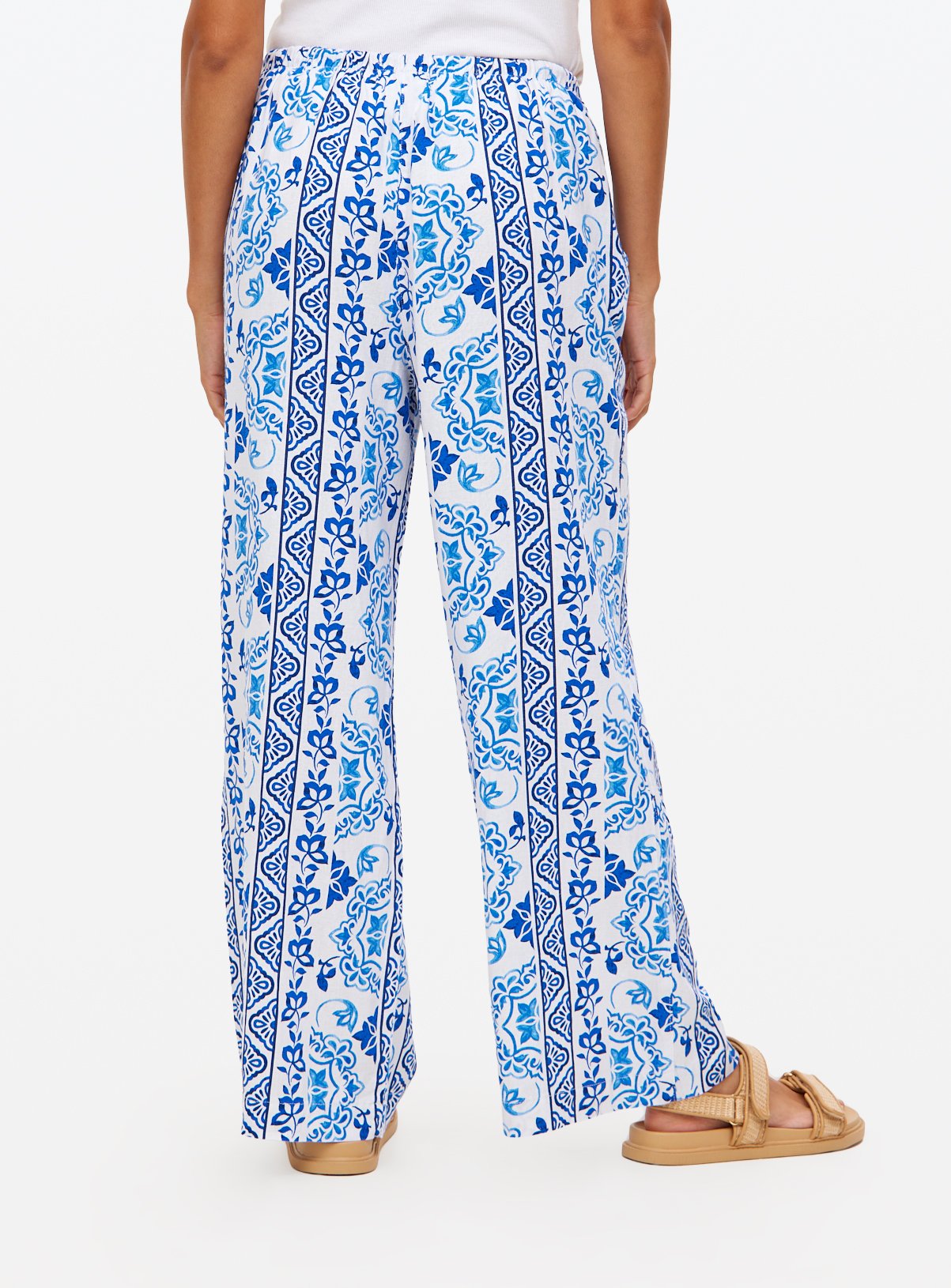 Blue Printed Linen Blend Wide Leg Trousers  16 - Image 4 thumbnail
