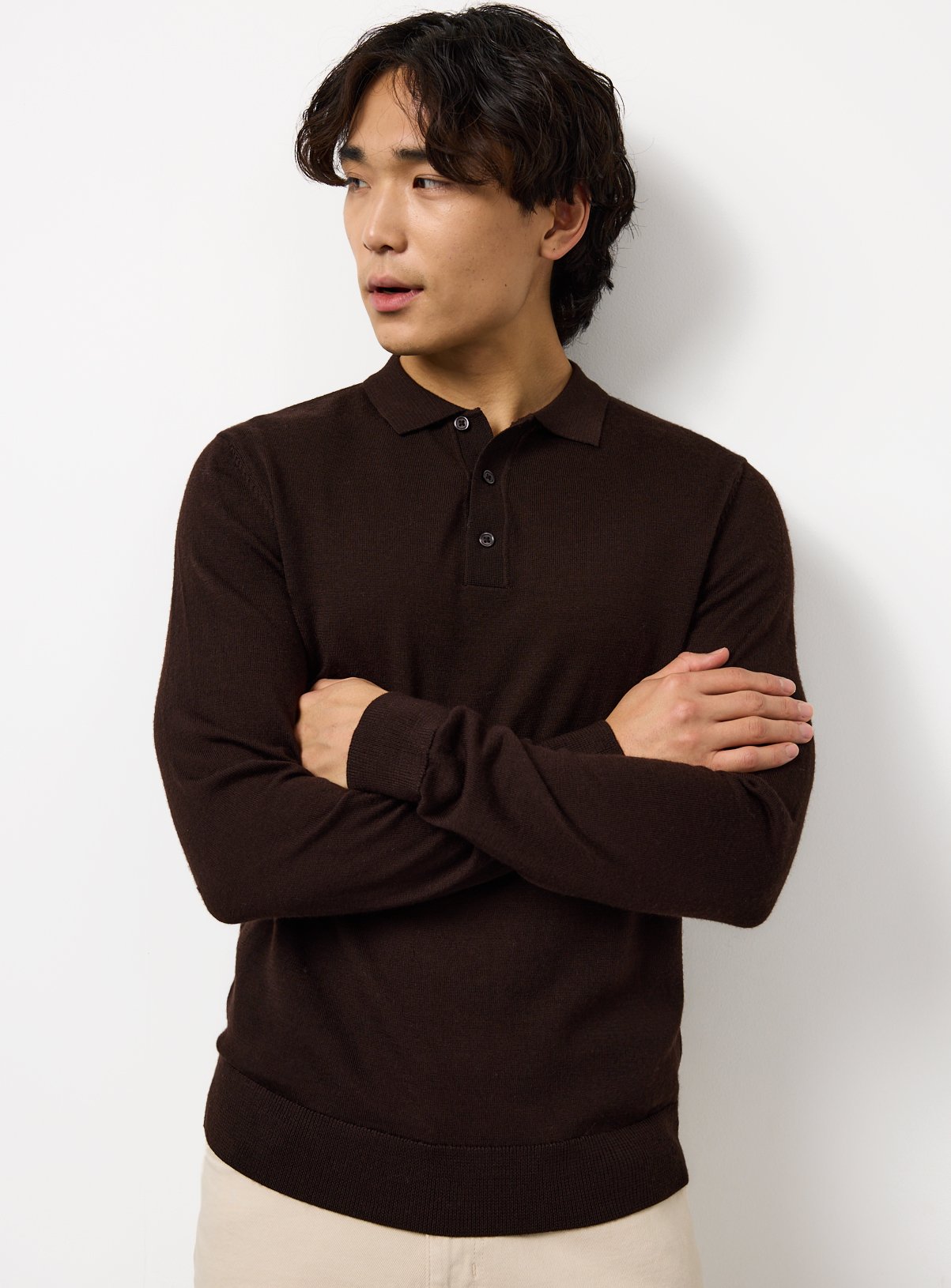 Men's Brown Merino Wool Long Sleeve Polo