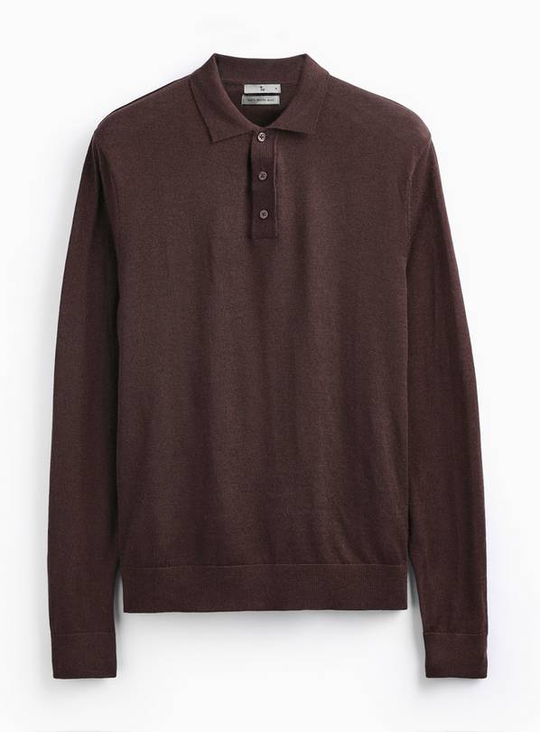 Brown Merino Wool Long Sleeve Polo  XL