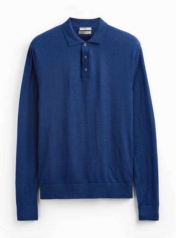 Navy Merino Wool Long Sleeve Polo  XL