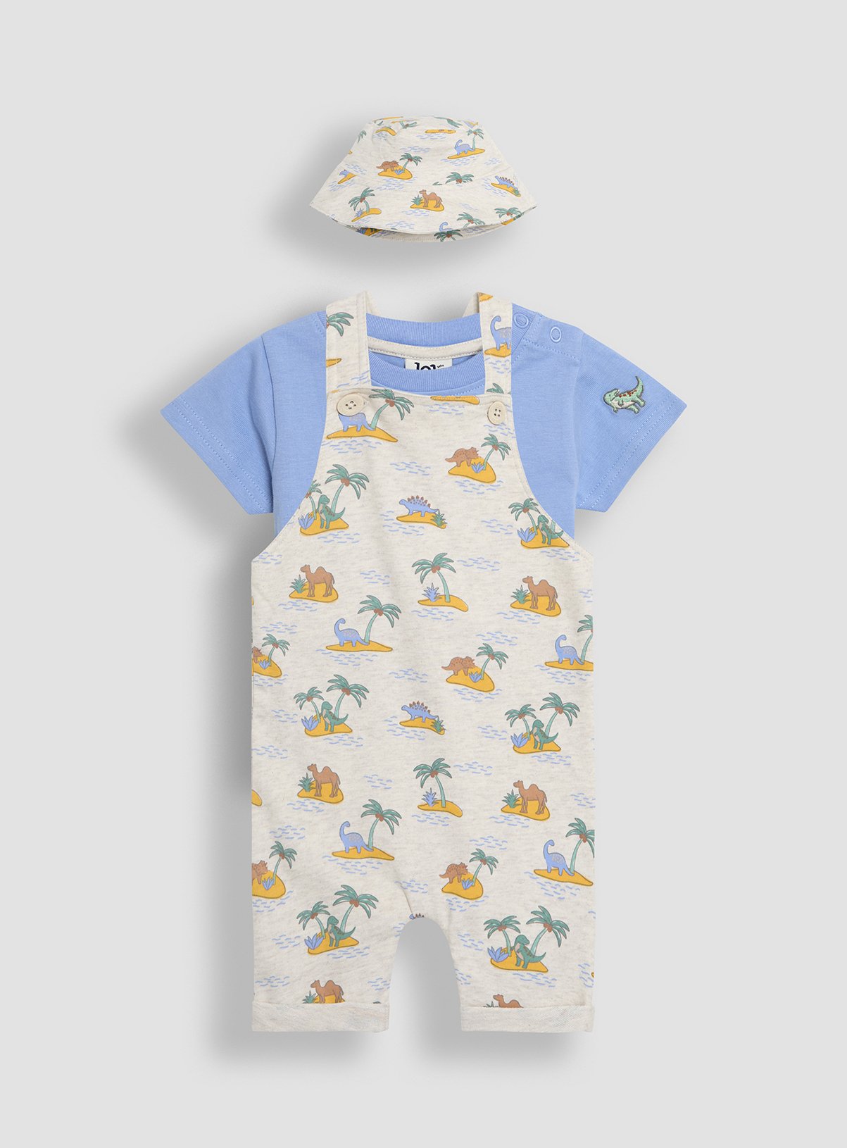 Cream Cream JOJO MAMAN BÉBÉ 3-Piece Dino Dungarees & T-Shirt Set With Hat (3-6 Months) - JoJo Maman Bebe by Sainsbury's