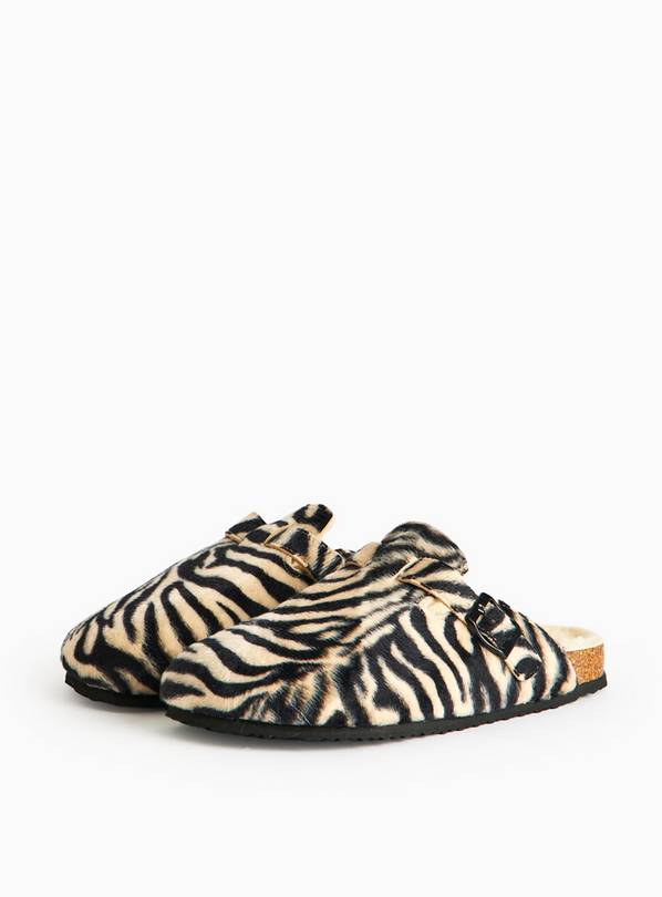 Zebra Print Borg Fleece Lined Mule Slippers M