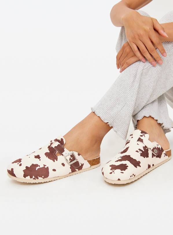 Cow Print Borg Fleece Lined Mule Slippers  S