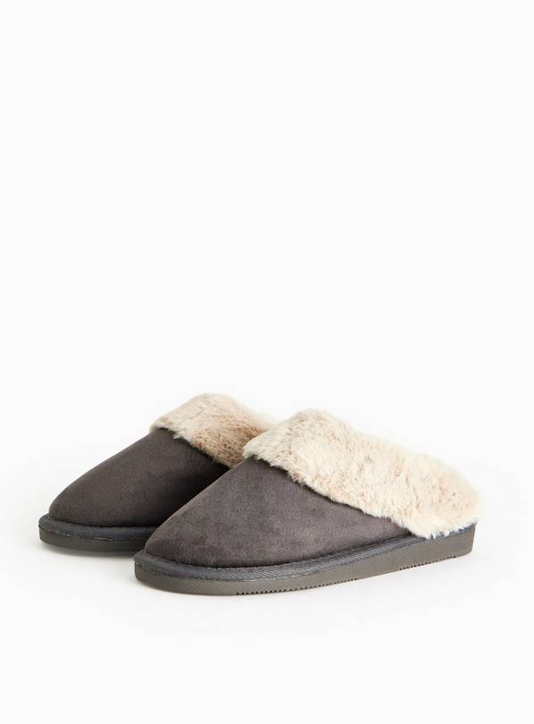 Charcoal Faux Fur Mule Slippers L