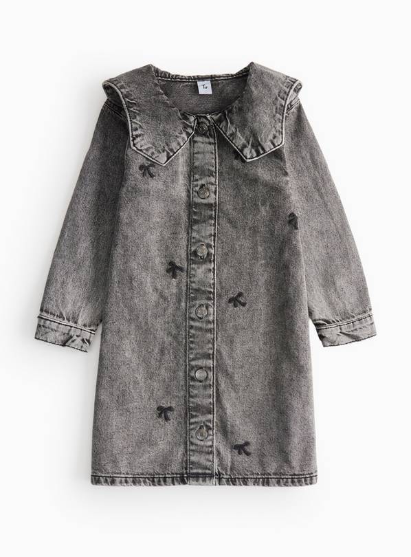 Grey Bow Print Collared Denim Dress 10 years
