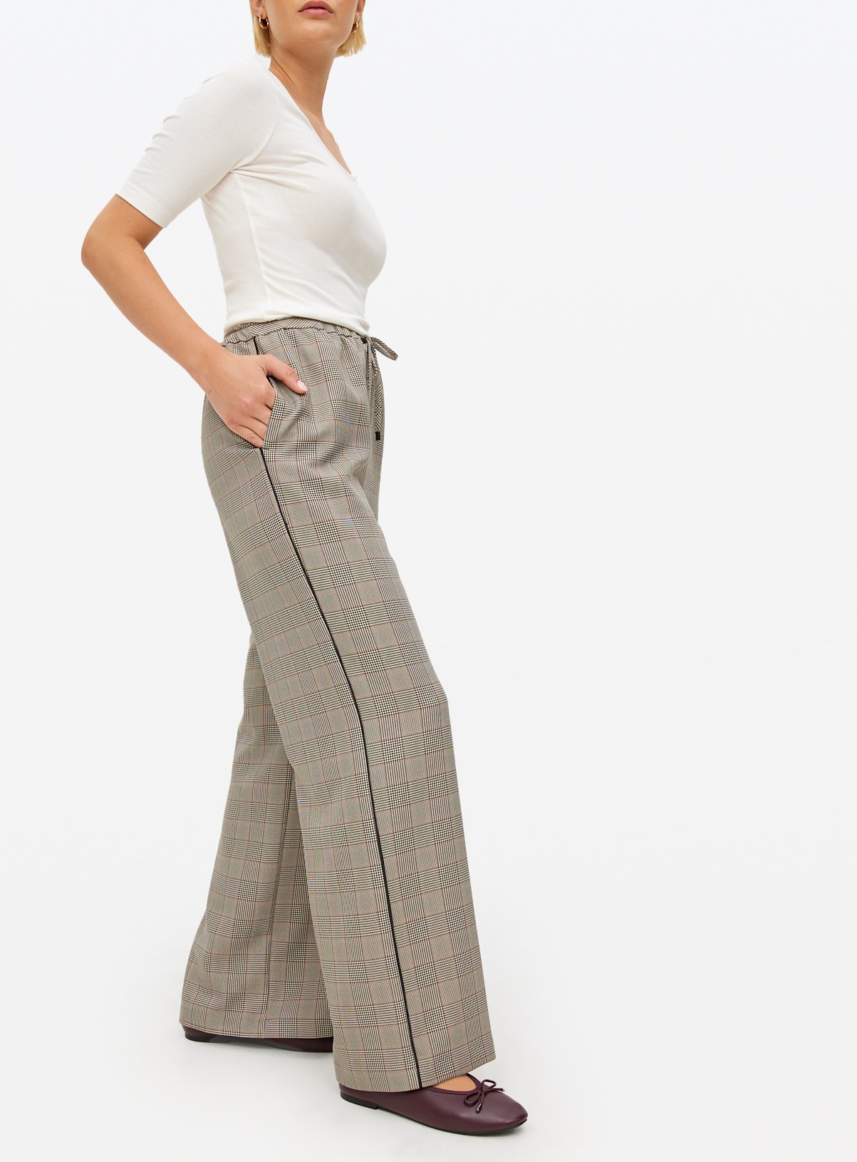 Grey Check Printed Drawstring Wide Leg Trousers