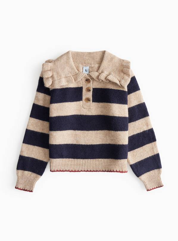 Beige Navy Striped Frill Collar Jumper 5 years