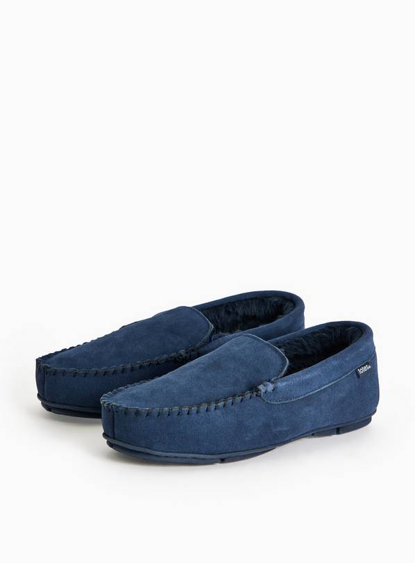 totes® Navy Suede Faux Fur Lined Moccasin Slippers 10