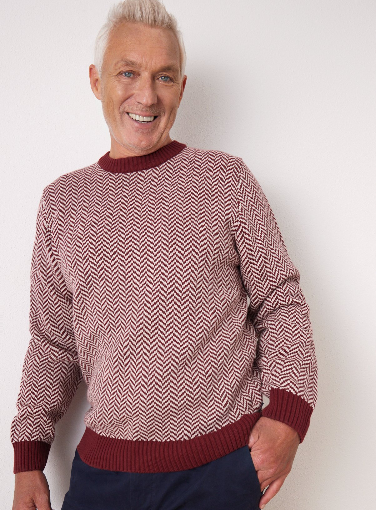 Men's UNION WORKS Dark Red Zig Zag Stitch Crew Jumper