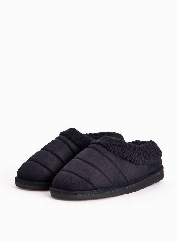 Black Quilted Borg Lined Platform Mule Slippers M