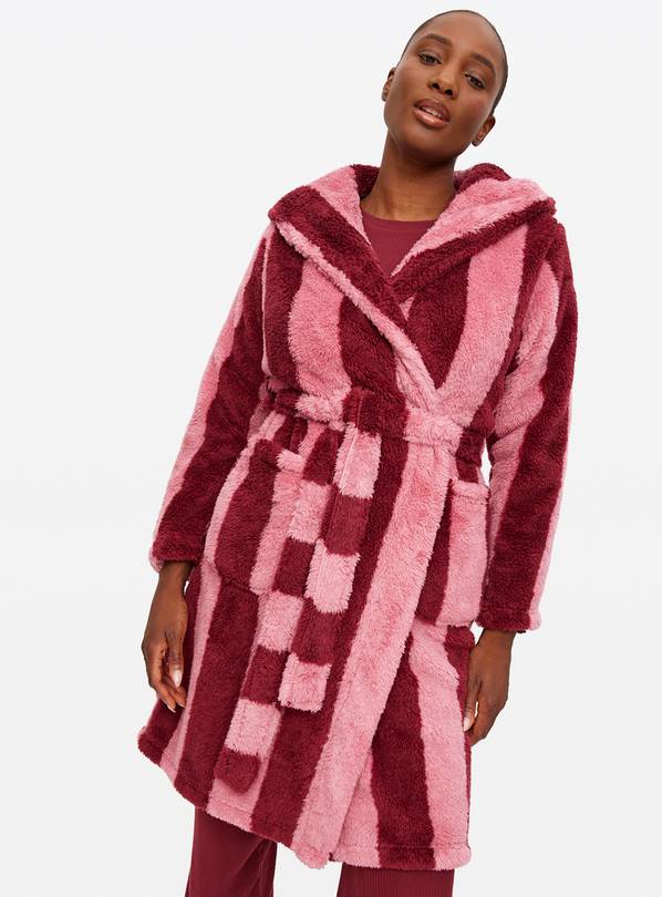 Burgundy Striped Fluffy Fleece Dressing Gown S