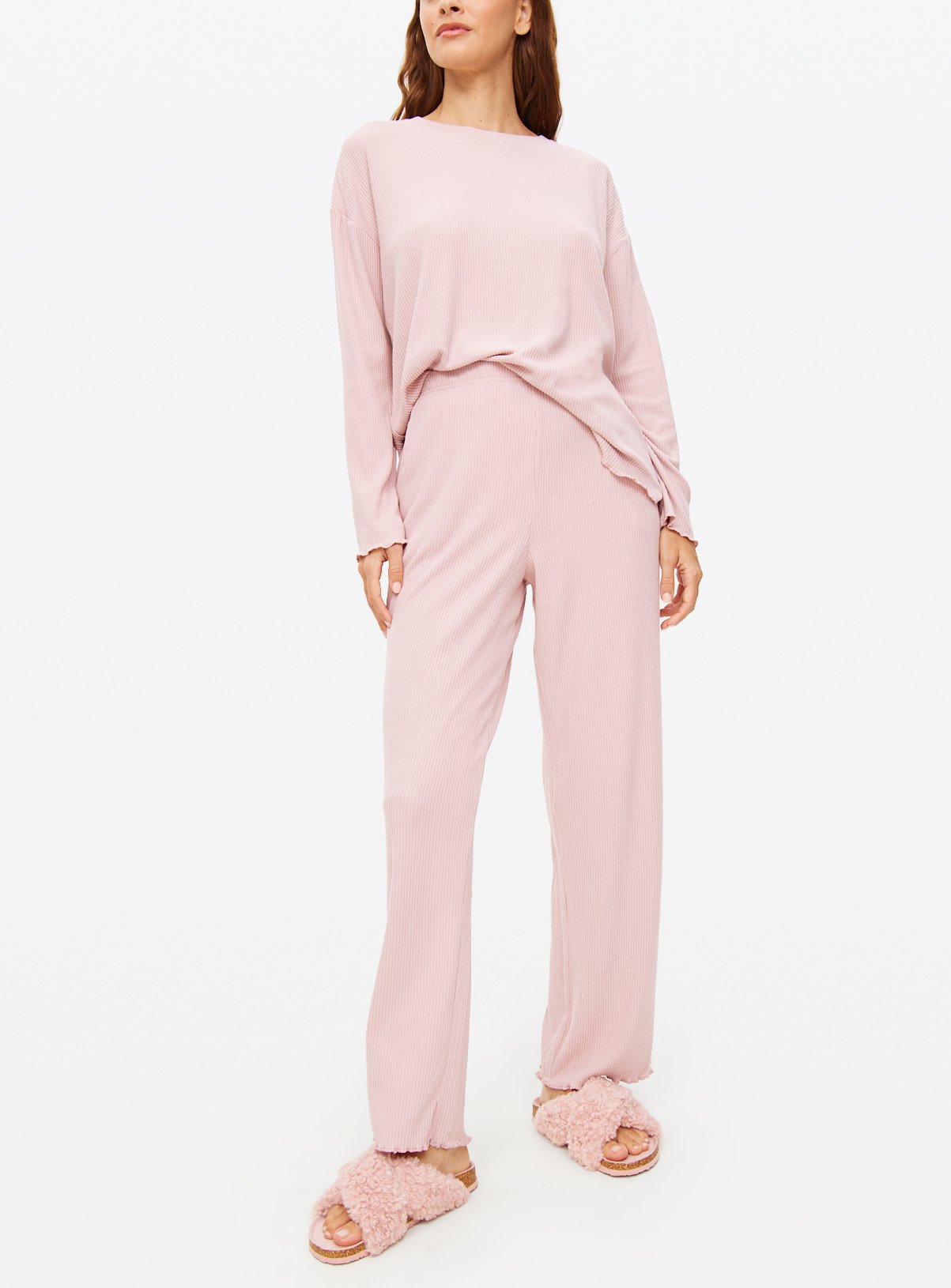 Pink Ribbed Wide Leg Co-ord Pyjama Bottoms