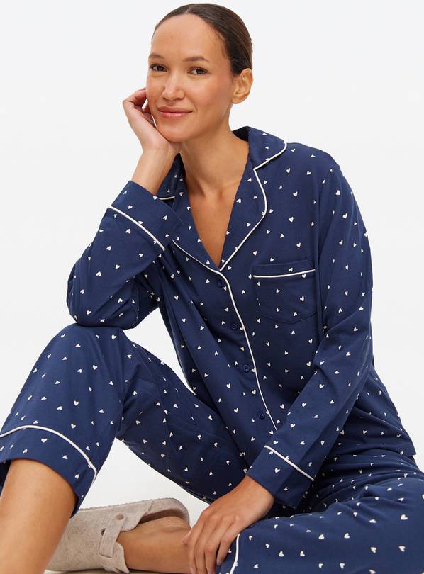 Navy Heart Print Jersey Traditional Pyjama Set XL