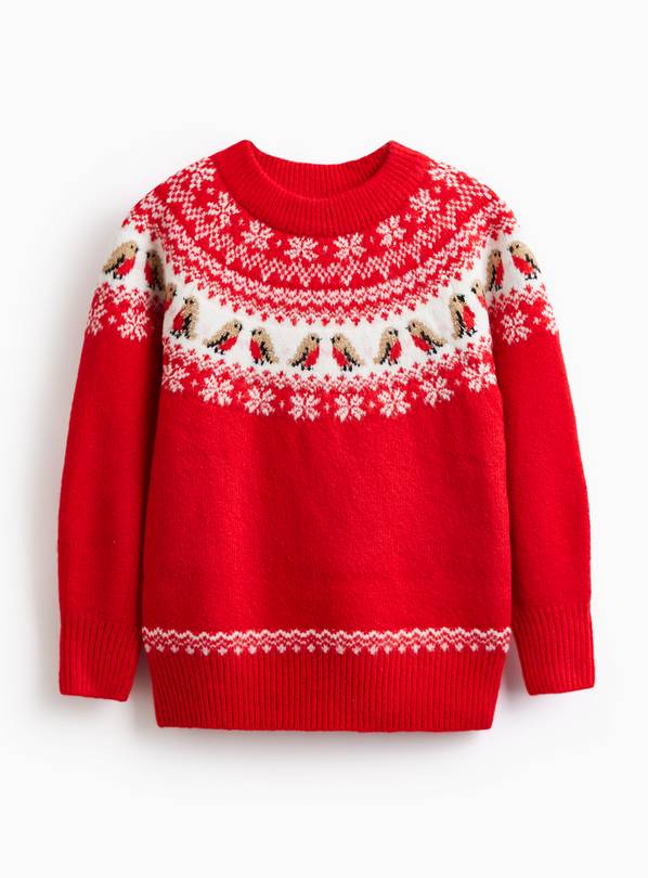 Matching Family Kid's Red Christmas Robin Fairisle Jumper 8 years