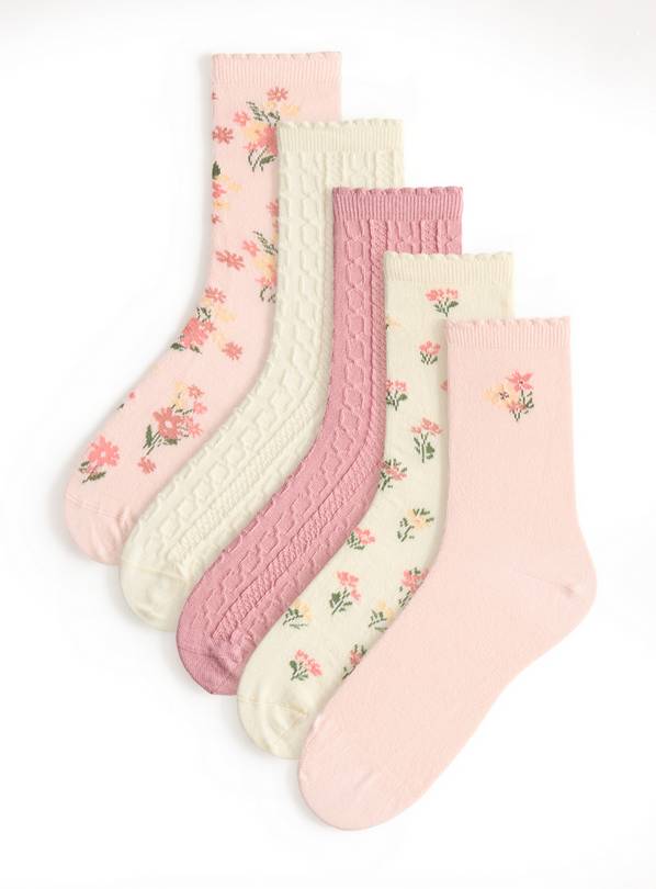 5 Pack Pink Floral Ankle Socks 4-8