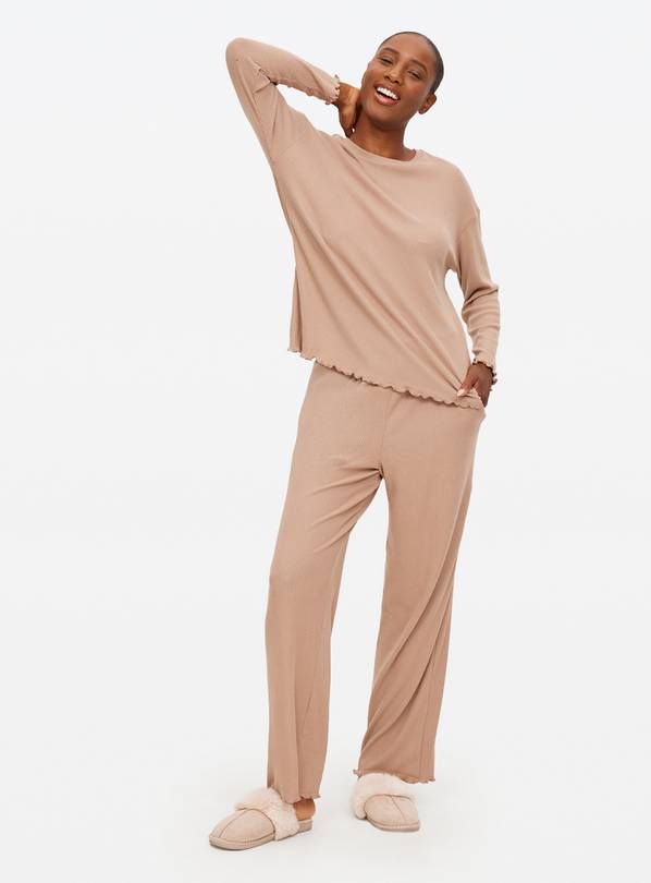 Mocha Ribbed Wide Leg Co-ord Pyjama Bottoms S