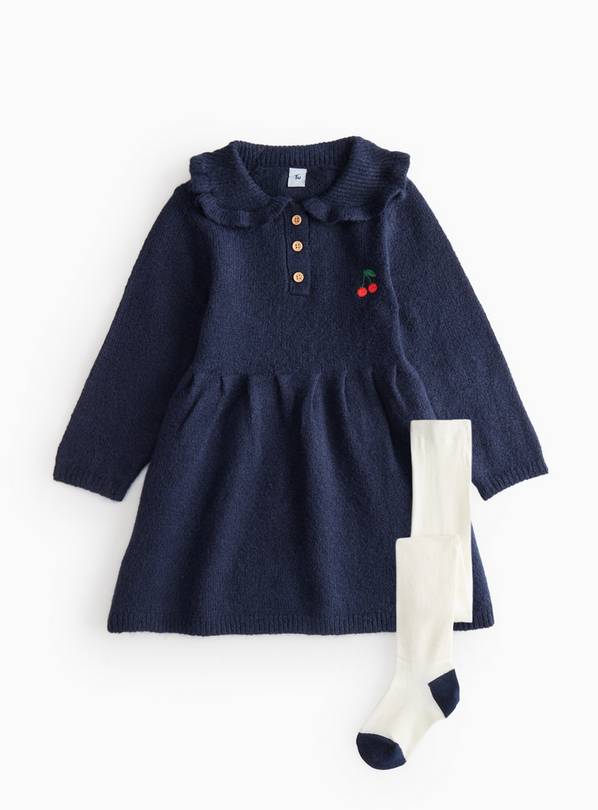 Navy Knitted Frill Collar Skater Dress Set 3-4 years