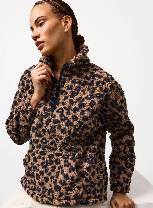 Brown Leopard Print Borg Half Zip Pyjama Top XXL